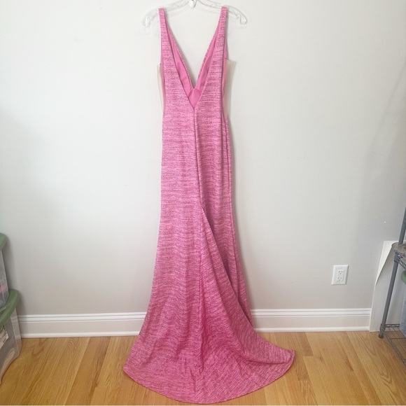 Jovani Royal V Neck Fitted Gown Dresss Hot Pink Metallic Shimmer Prom Wedding - Picture 3 of 16